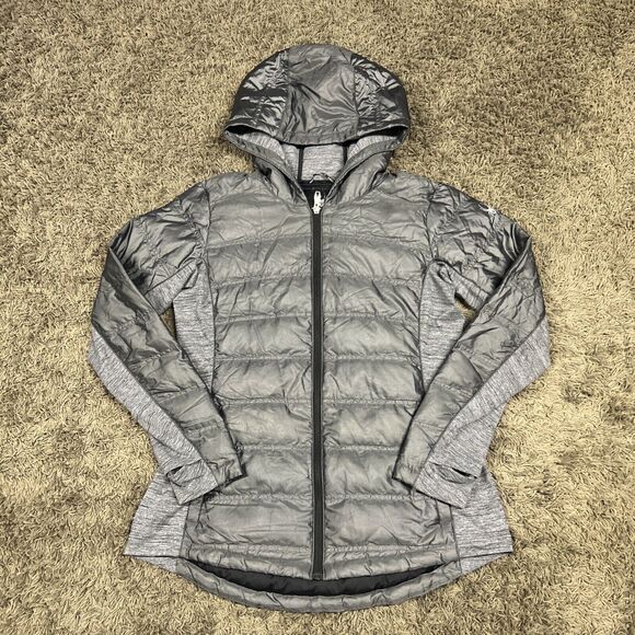 Spyder Solitude Hoody Down Jacket Womens Large Gray Quilted Puffer Ski Coat Hood - Picture 1 of 12